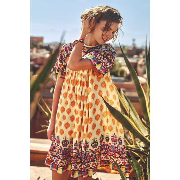 Anthropologie Tanvi Kedia Summer Boho Hippie‎ Caltha Shift Dress Size M Maize - Picture 1 of 11